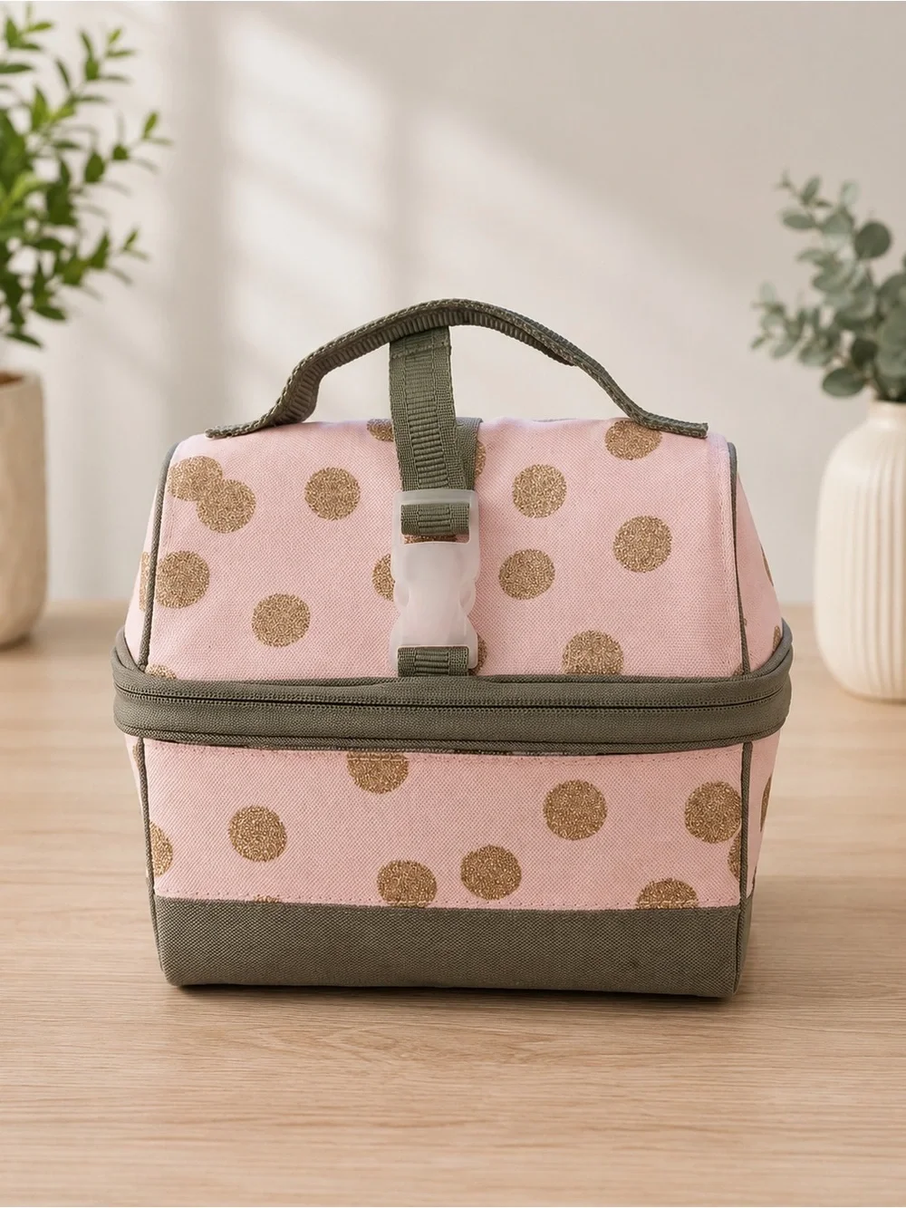 Pottery Barn Kids Pink Backpack Set with Gold Polka Dots and Olive Trim